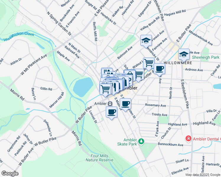 map of restaurants, bars, coffee shops, grocery stores, and more near 55 North Main Street in Maple Glen