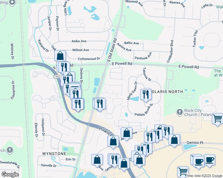 map of restaurants, bars, coffee shops, grocery stores, and more near 850 Polaris Grand Drive in Lewis Center