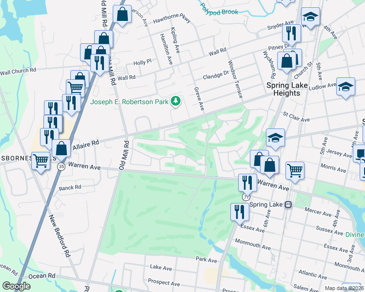 map of restaurants, bars, coffee shops, grocery stores, and more near 5 Willow Lane in Spring Lake