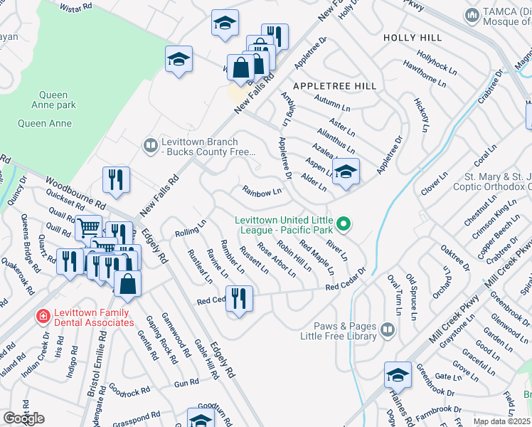 map of restaurants, bars, coffee shops, grocery stores, and more near 23 Redbrook Lane in Levittown