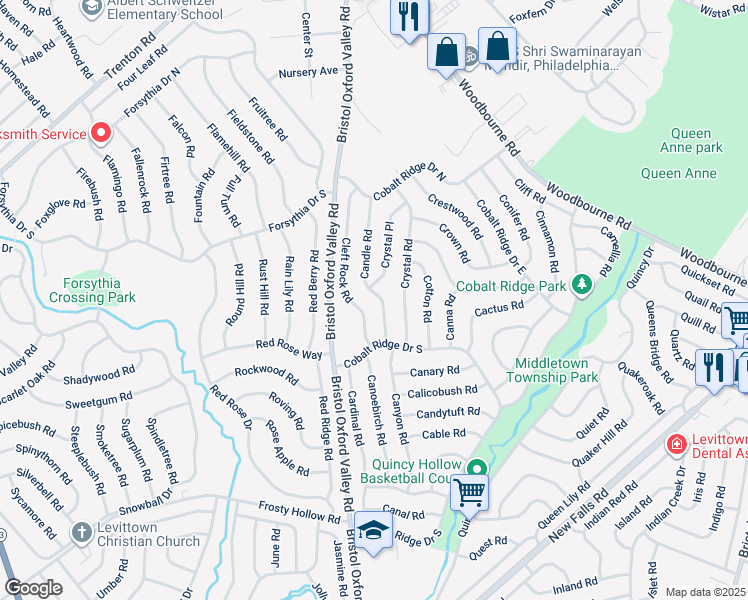 map of restaurants, bars, coffee shops, grocery stores, and more near 25 Candle Road in Levittown