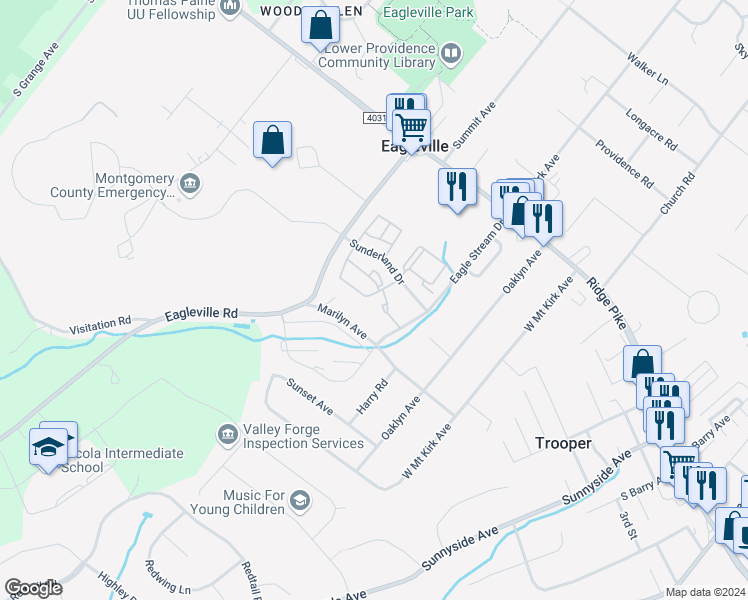 map of restaurants, bars, coffee shops, grocery stores, and more near 1122 Bayless Place in Eagleville