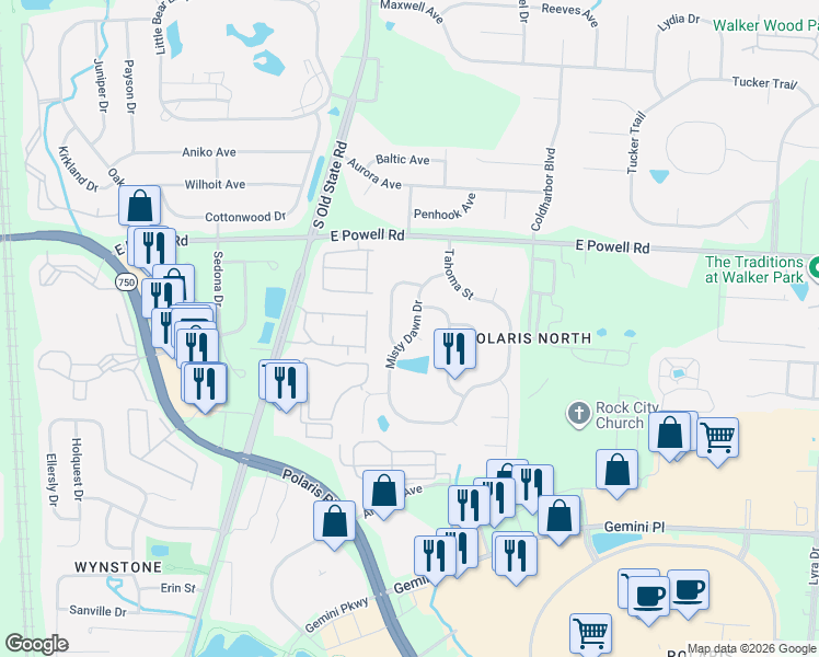 map of restaurants, bars, coffee shops, grocery stores, and more near 9319 Windy Creek Drive in Columbus