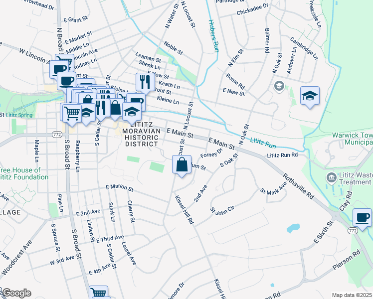 map of restaurants, bars, coffee shops, grocery stores, and more near 399 Mulberry Lane in Lititz