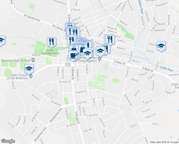map of restaurants, bars, coffee shops, grocery stores, and more near 129 South Cedar Street in Lititz