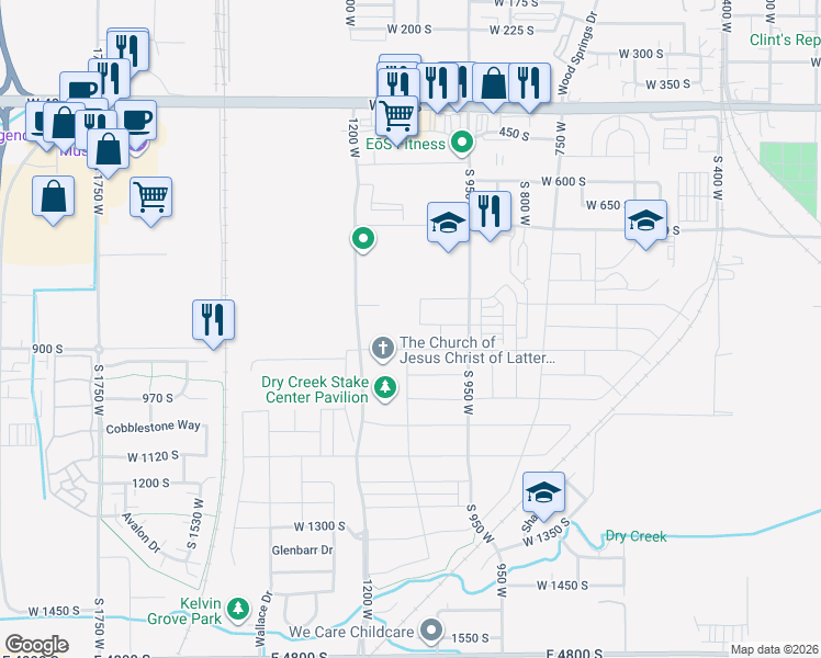 map of restaurants, bars, coffee shops, grocery stores, and more near 832 South 1075 West in Springville
