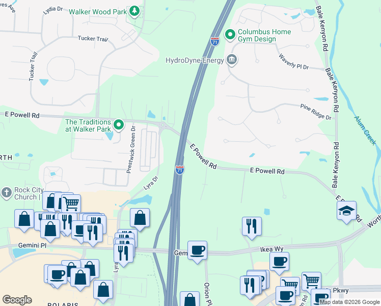map of restaurants, bars, coffee shops, grocery stores, and more near 3141 East Powell Road in Lewis Center