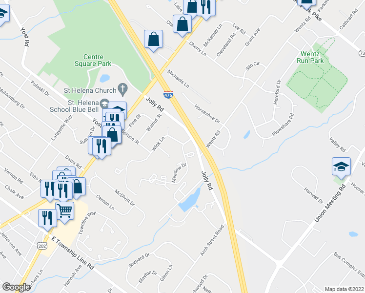 map of restaurants, bars, coffee shops, grocery stores, and more near 1207 Meadow Drive in Blue Bell