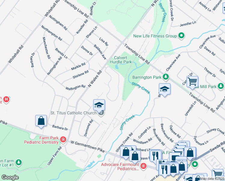 map of restaurants, bars, coffee shops, grocery stores, and more near 627 Stony Way in Norristown