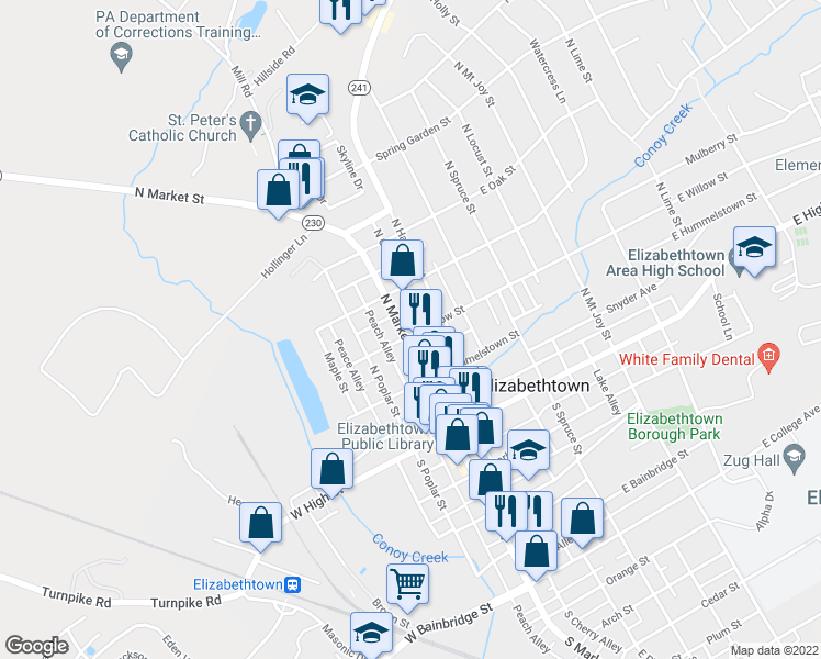 map of restaurants, bars, coffee shops, grocery stores, and more near 207 North Market Street in Elizabethtown