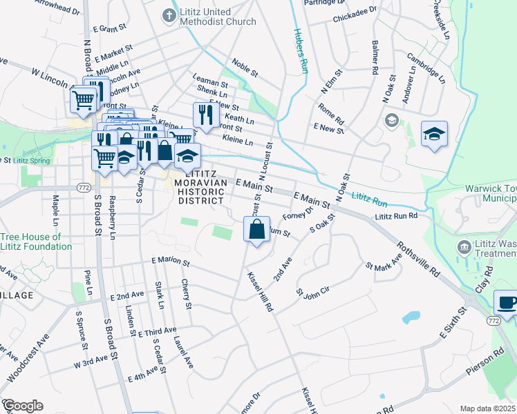 map of restaurants, bars, coffee shops, grocery stores, and more near 25 South Locust Street in Lititz