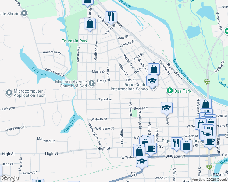 map of restaurants, bars, coffee shops, grocery stores, and more near 930 Camp Street in Piqua