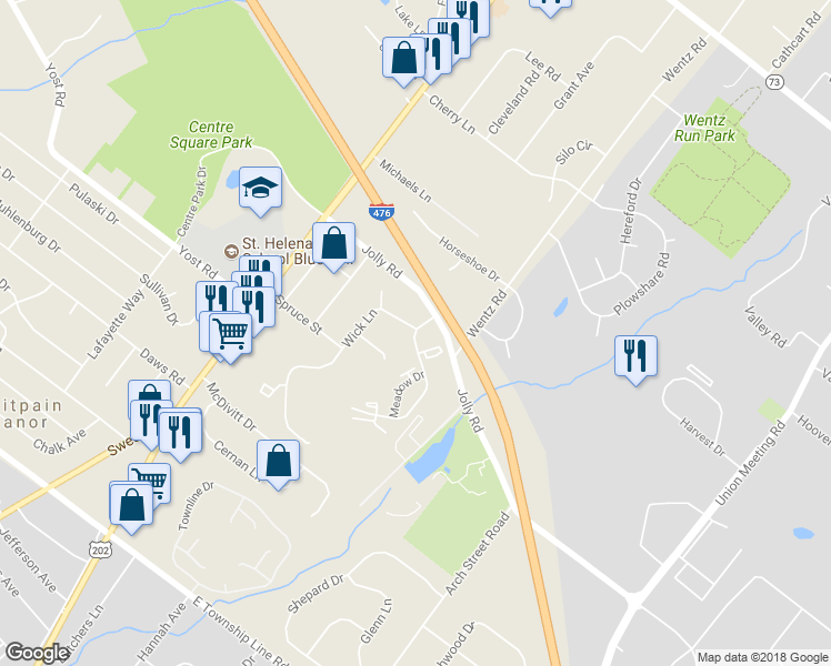map of restaurants, bars, coffee shops, grocery stores, and more near 1202 Meadow Drive in Blue Bell