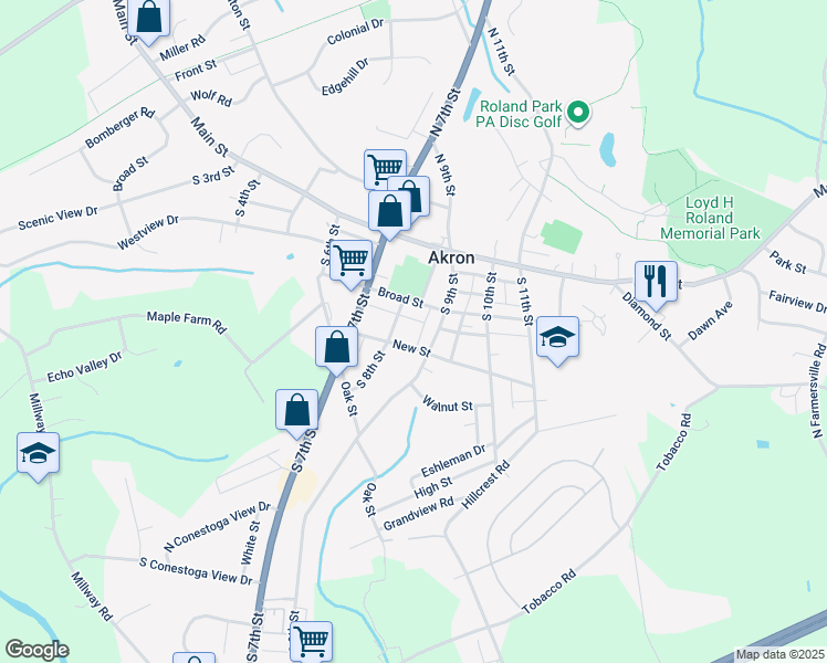 map of restaurants, bars, coffee shops, grocery stores, and more near 130 South 9th Street in Akron