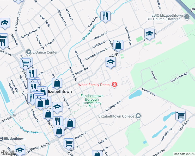 map of restaurants, bars, coffee shops, grocery stores, and more near 554 East High Street in Elizabethtown