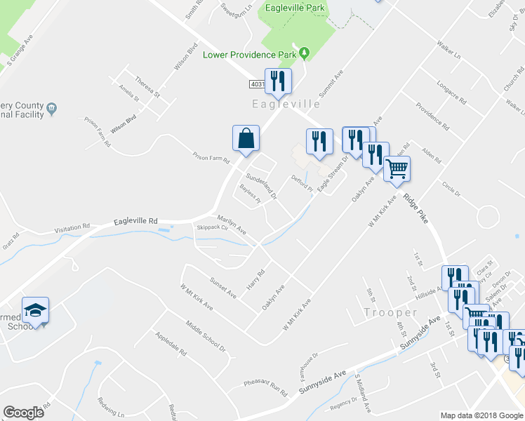 map of restaurants, bars, coffee shops, grocery stores, and more near 1050 Bayless Place in Eagleville