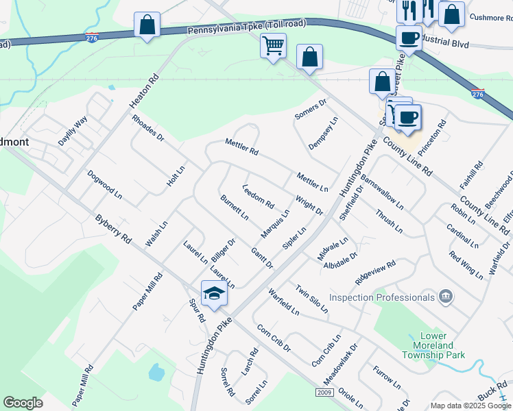 map of restaurants, bars, coffee shops, grocery stores, and more near 1230 Leedom Road in Montgomery
