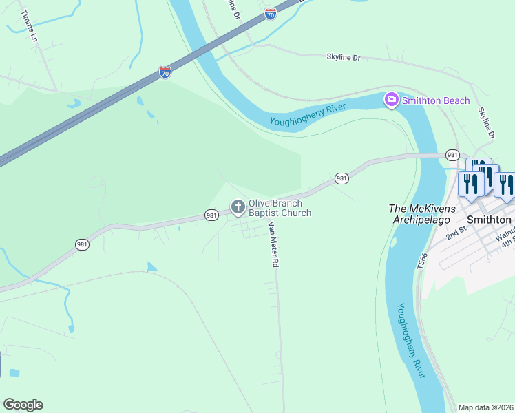 map of restaurants, bars, coffee shops, grocery stores, and more near 300 Pennsylvania 981 in Belle Vernon