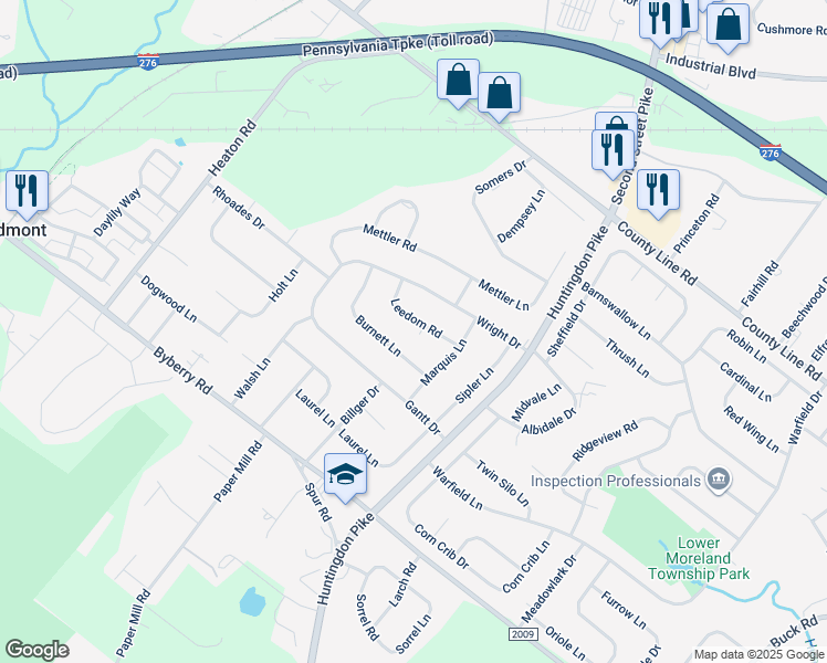 map of restaurants, bars, coffee shops, grocery stores, and more near 1230 Leedom Road in Montgomery