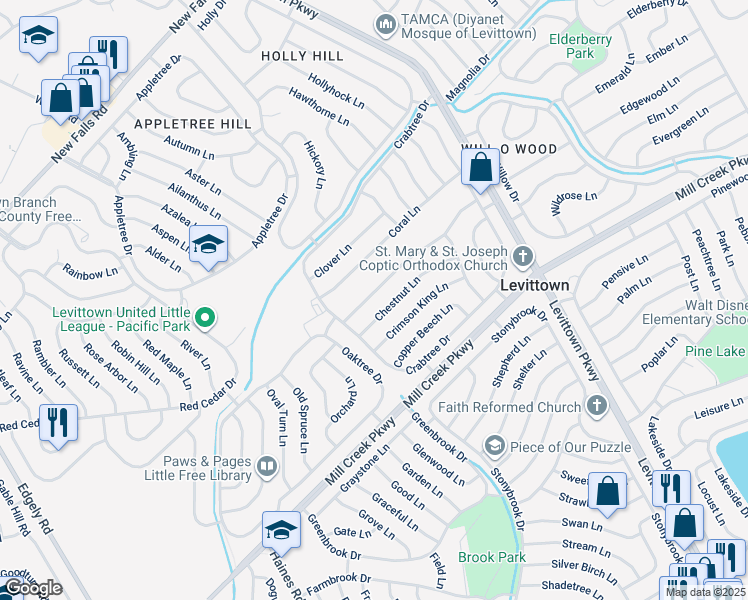 map of restaurants, bars, coffee shops, grocery stores, and more near 20 Cherry Lane in Levittown