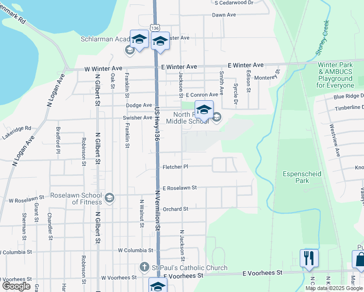 map of restaurants, bars, coffee shops, grocery stores, and more near 1619 North Jackson Street in Danville