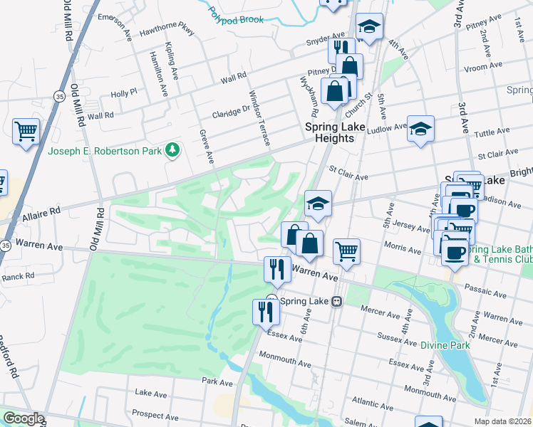 map of restaurants, bars, coffee shops, grocery stores, and more near 20 Cherry Court in Spring Lake