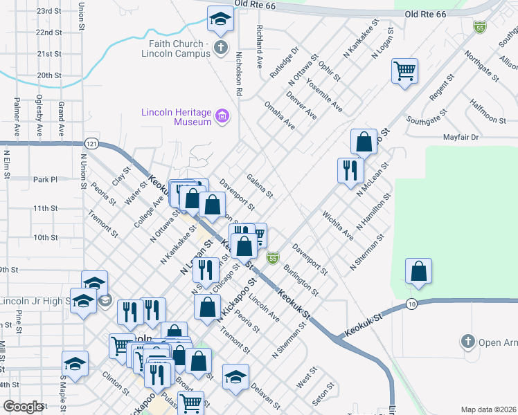 map of restaurants, bars, coffee shops, grocery stores, and more near Galena Street in Lincoln
