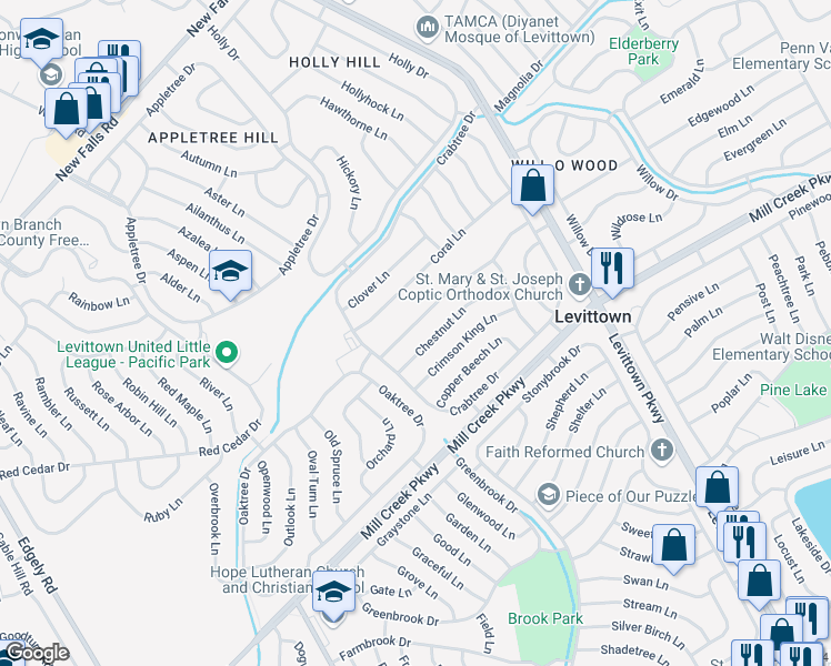 map of restaurants, bars, coffee shops, grocery stores, and more near 20 Cherry Lane in Levittown