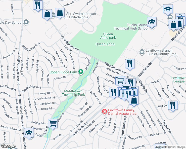 map of restaurants, bars, coffee shops, grocery stores, and more near 75 Queens Bridge Road in Levittown