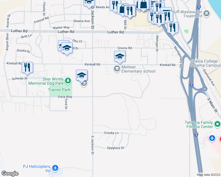 map of restaurants, bars, coffee shops, grocery stores, and more near 710 Vista Way in Red Bluff