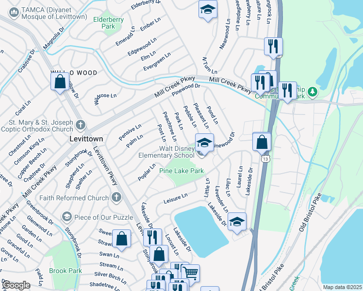 map of restaurants, bars, coffee shops, grocery stores, and more near 2 Peachtree Lane in Levittown