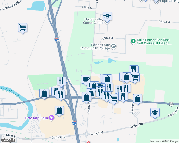 map of restaurants, bars, coffee shops, grocery stores, and more near 8270 Looney Road in Piqua