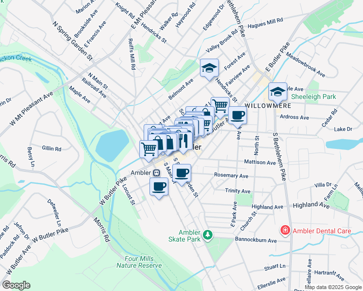 map of restaurants, bars, coffee shops, grocery stores, and more near in Ambler