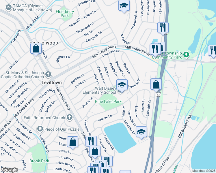 map of restaurants, bars, coffee shops, grocery stores, and more near 2 Peachtree Lane in Levittown