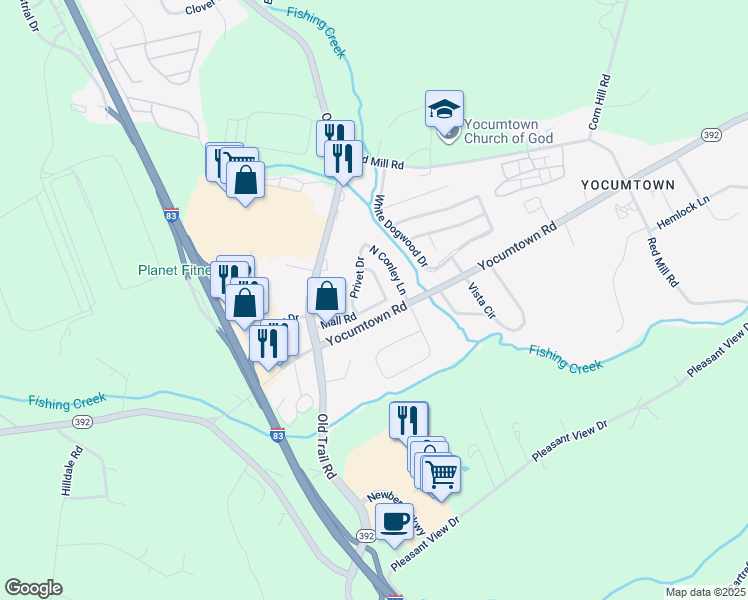 map of restaurants, bars, coffee shops, grocery stores, and more near 19 Mall Road in Goldsboro