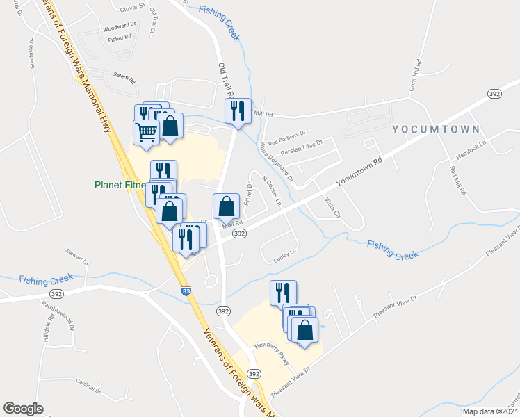 map of restaurants, bars, coffee shops, grocery stores, and more near 17 Mall Road in Goldsboro