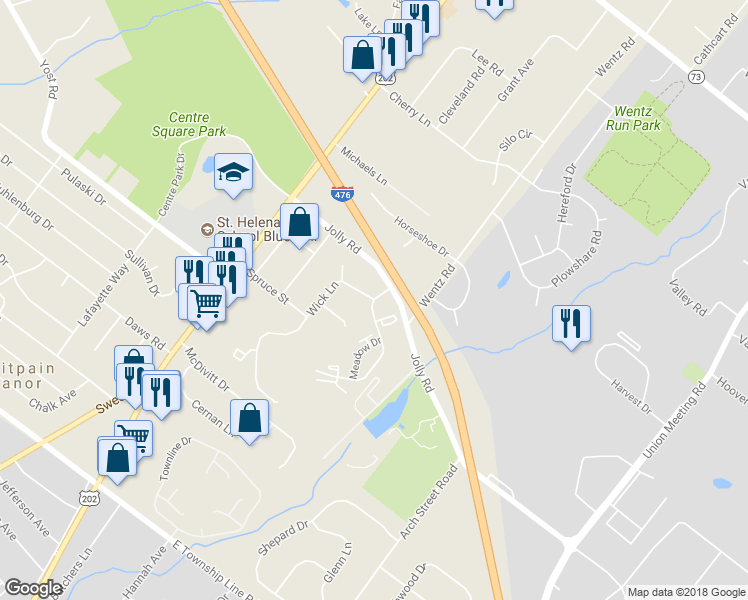 map of restaurants, bars, coffee shops, grocery stores, and more near 1104 Meadow Drive in Blue Bell