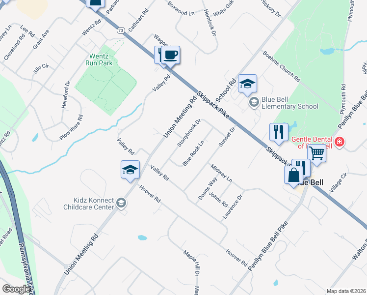 map of restaurants, bars, coffee shops, grocery stores, and more near 1014 Stonybrook Drive in Blue Bell