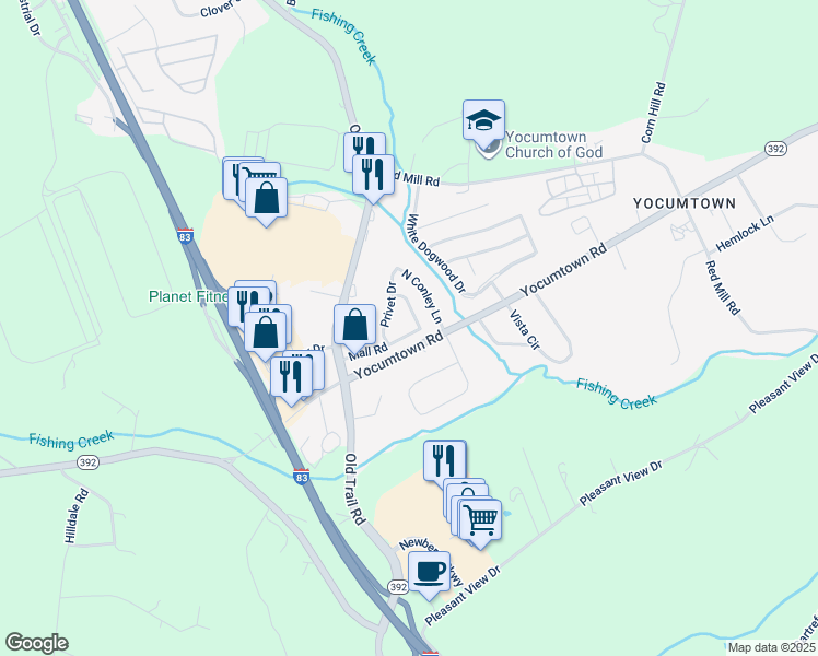 map of restaurants, bars, coffee shops, grocery stores, and more near 17 Mall Road in Goldsboro