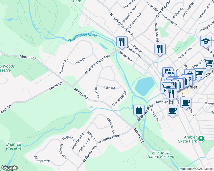 map of restaurants, bars, coffee shops, grocery stores, and more near 43 Mercer Hill Road in Ambler