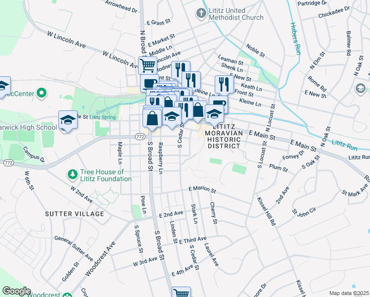 map of restaurants, bars, coffee shops, grocery stores, and more near 125 South Cedar Street in Lititz