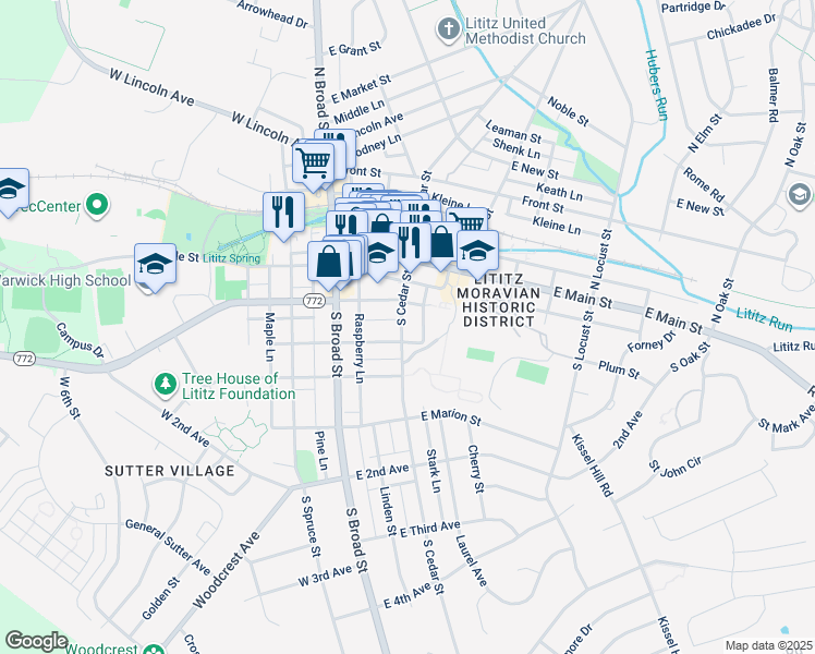 map of restaurants, bars, coffee shops, grocery stores, and more near 125 South Cedar Street in Lititz