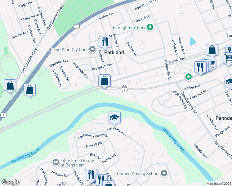 map of restaurants, bars, coffee shops, grocery stores, and more near 1215 Rising Sun Avenue in Langhorne