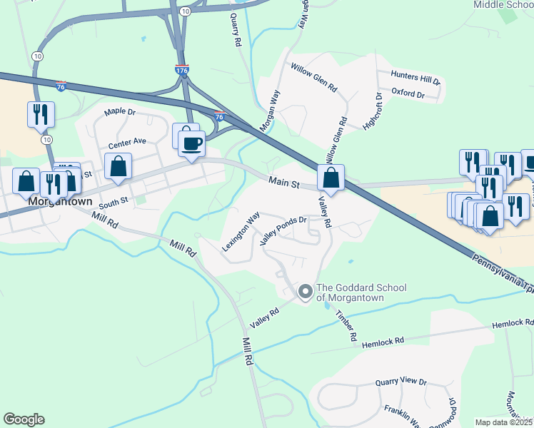 map of restaurants, bars, coffee shops, grocery stores, and more near 798 Lexington Way in Morgantown