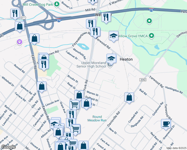 map of restaurants, bars, coffee shops, grocery stores, and more near 1017 North York Road in Willow Grove