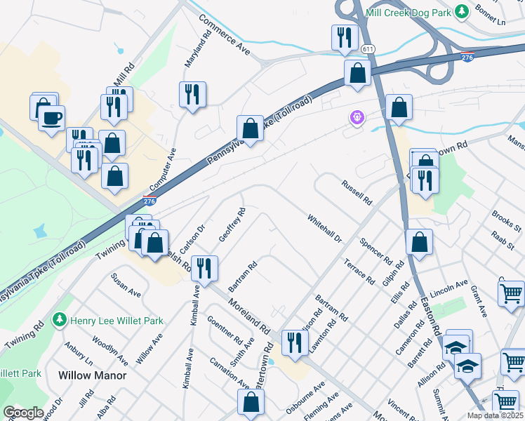 map of restaurants, bars, coffee shops, grocery stores, and more near 3505 Stanley Lane in Willow Grove