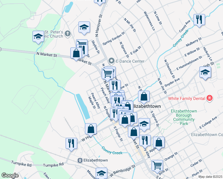 map of restaurants, bars, coffee shops, grocery stores, and more near 231 North Market Street in Elizabethtown