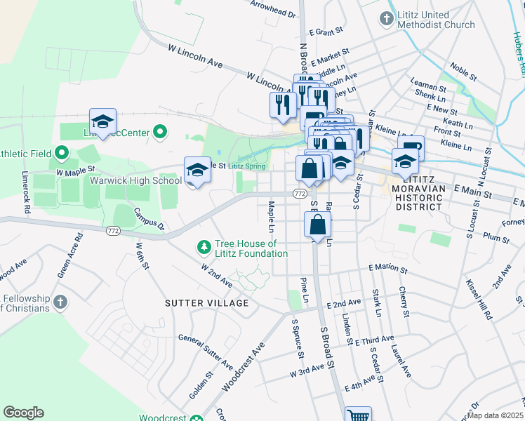map of restaurants, bars, coffee shops, grocery stores, and more near 117 South Walnut Street in Lititz