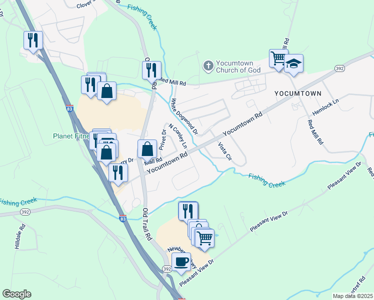 map of restaurants, bars, coffee shops, grocery stores, and more near 32 North Conley Lane in Goldsboro