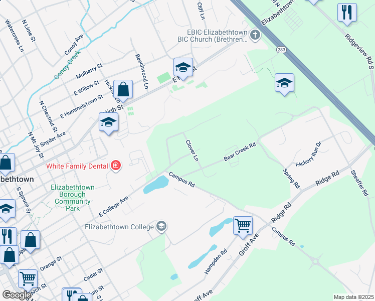 map of restaurants, bars, coffee shops, grocery stores, and more near 1015 East College Avenue in Elizabethtown